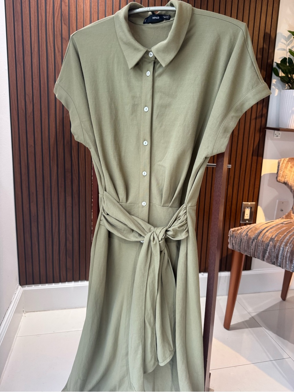 MNG Mango Olive Green Tie Waist Shirt Dress Size S